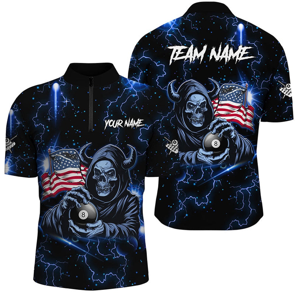 Billiard Polo Shirts, Blue Skull Thunder Lightning Us Flag Custom Billiard Shirts, Patriotic Billiard Team Jerseys, Billiards Team Shirts