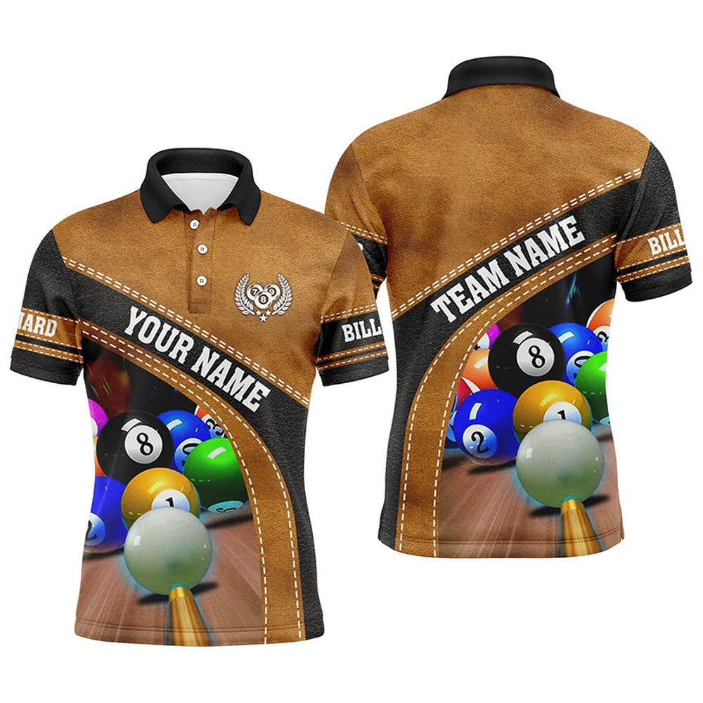 Billiard Polo Shirts, Brown Billiards Balls Custom Name All Over Print 3D Polo Shirts, Custom Gifts For Pooler, Billiards Team Shirts