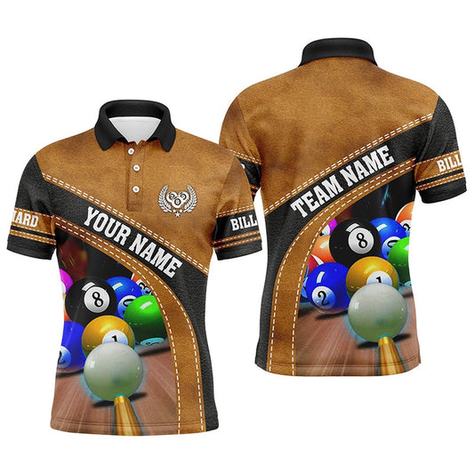 Billiard Polo Shirts, Brown Billiards Balls Custom Name All Over Print 3D Polo Shirts, Custom Gifts For Pooler, Billiards Team Shirts