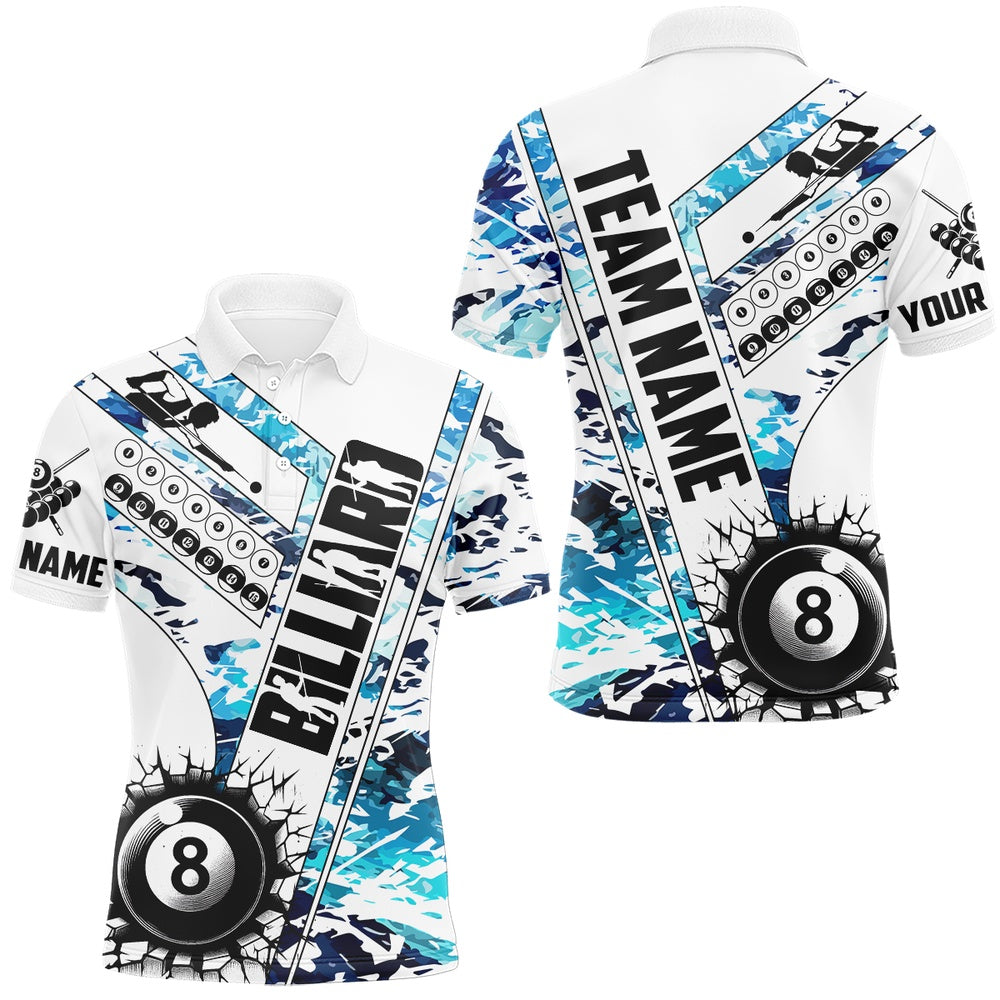 Billiard Polo Shirts, Cracky Billiard 8 Ball Pool With Camo Polo Shirts Custom Team League Billiard Shirts Blue, Billiards Team Shirts