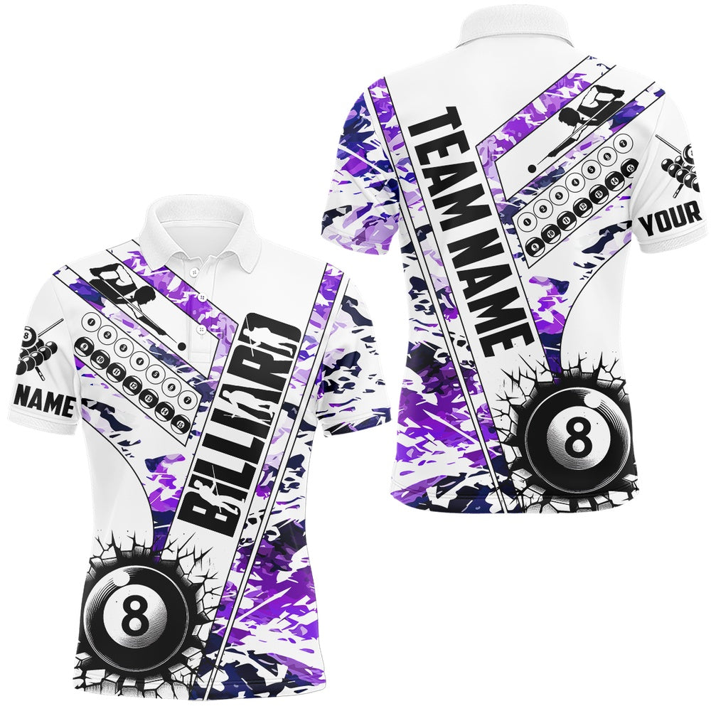 Billiard Polo Shirts, Cracky Billiard 8 Ball Pool With Camo Polo Shirts Custom Team League Billiard Shirts Purple, Billiards Team Shirts