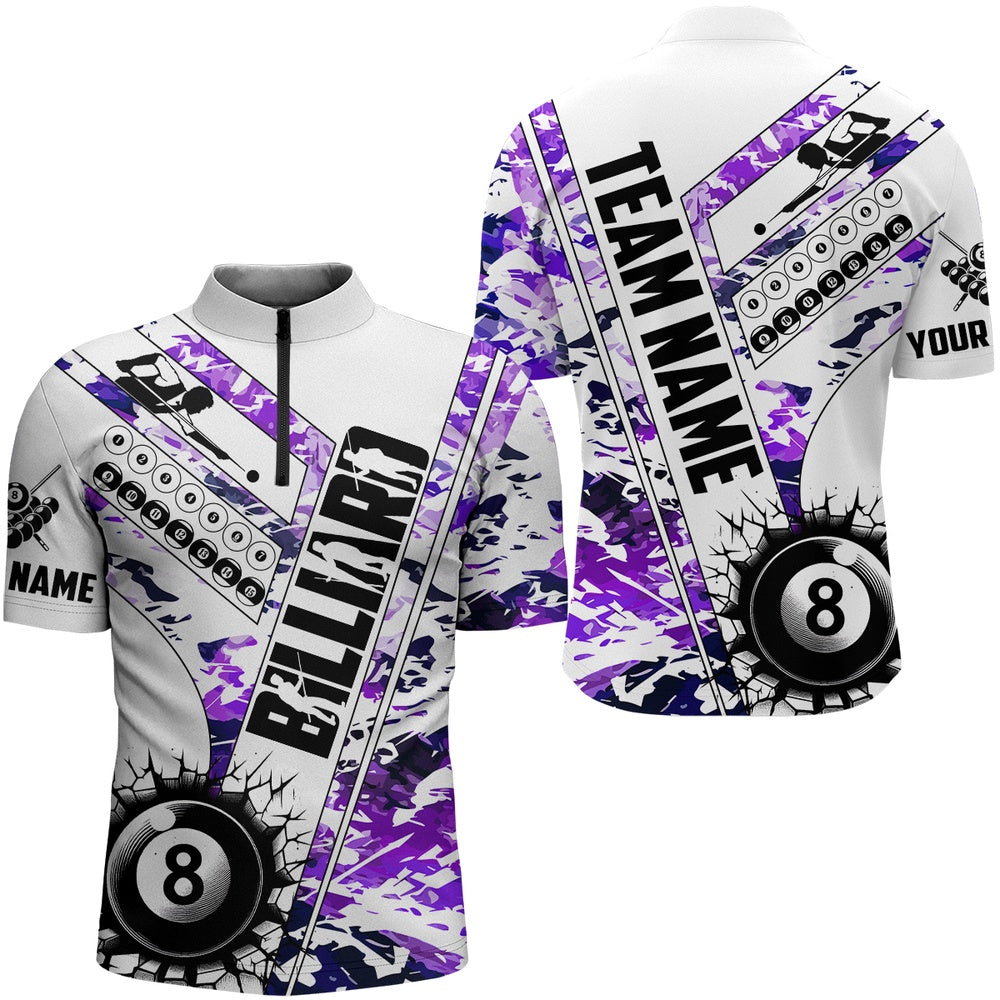 Billiard Polo Shirts, Cracky Billiard 8 Ball Pool With Camo Polo Shirts Custom Team League Billiard Shirts Purple, Billiards Team Shirts