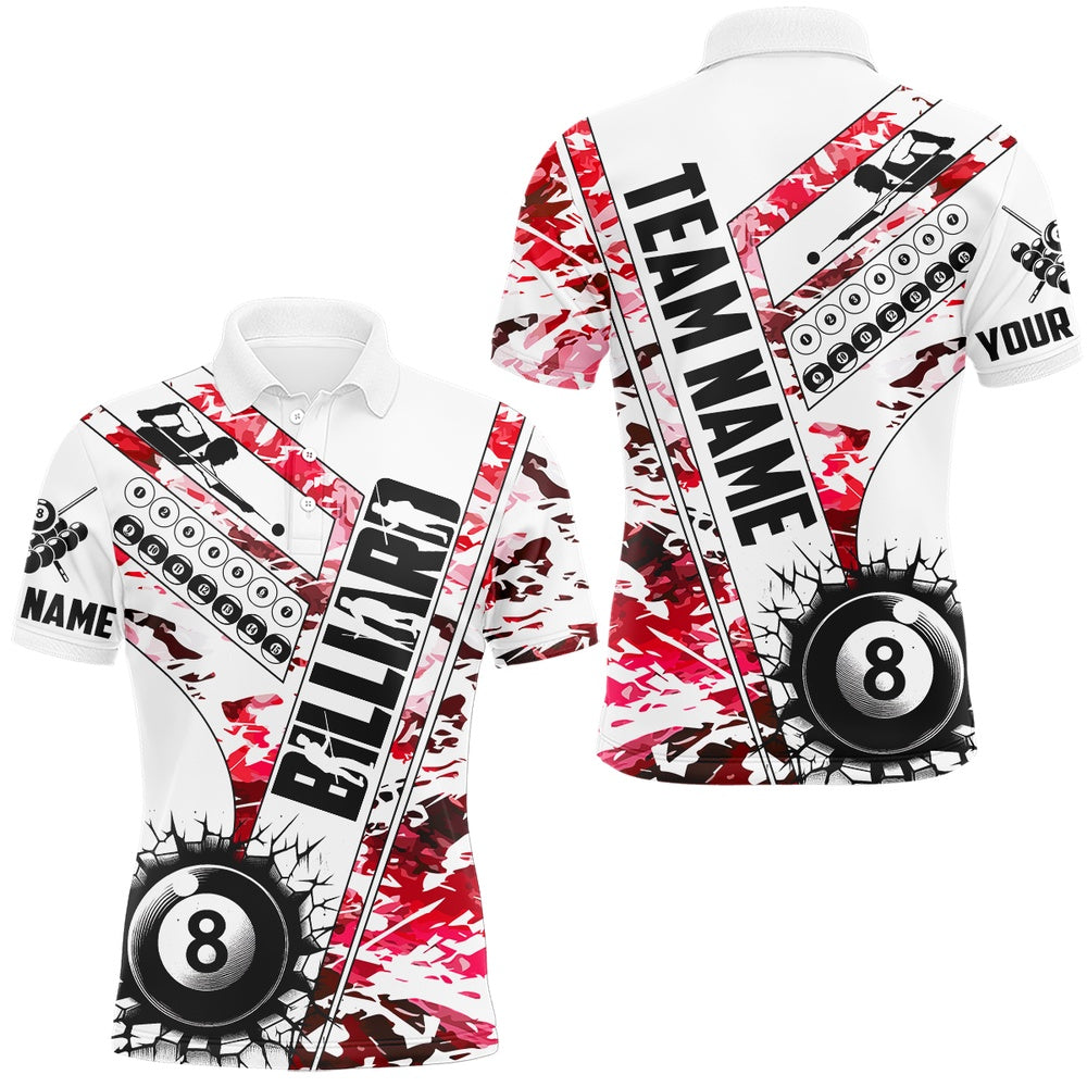 Billiard Polo Shirts, Cracky Billiard 8 Ball Pool With Camo Polo Shirts Custom Team League Billiard Shirts Red, Billiards Team Shirts