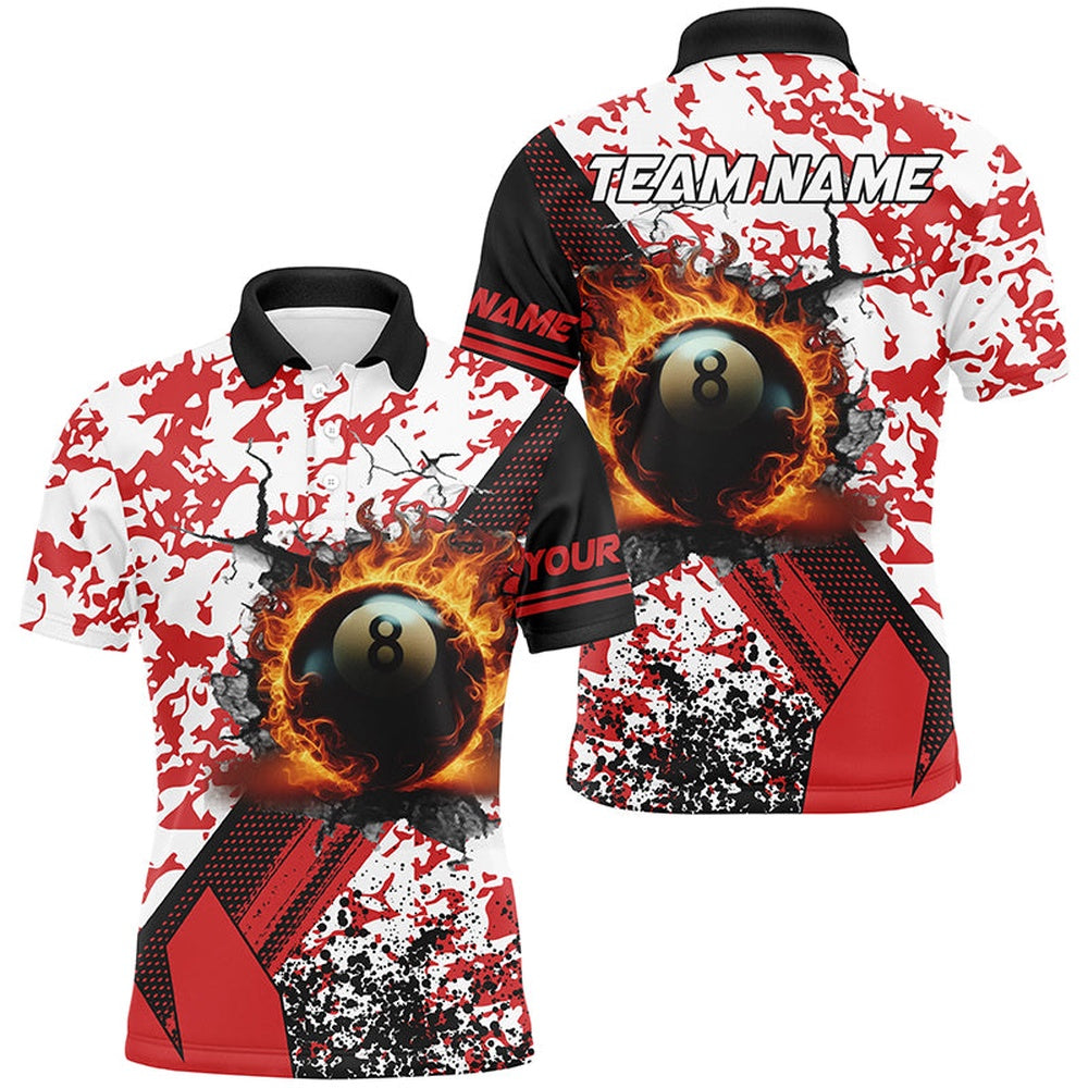 Billiard Polo Shirts, Custom 8 Ball Pool Fire Billiard Shirts, Red Grunge Camo Billiard Shirts Jersey For Team, Billiards Team Shirts