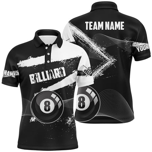 Billiard Polo Shirts, Custom Ball 8 Black Grunge Billiard Polo Shirts, Personalized 8 Ball Pool Billiard Jerseys, Billiards Team Shirts