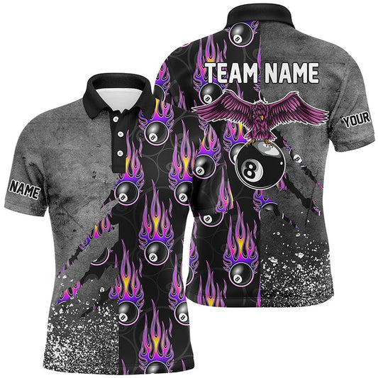 Billiard Polo Shirts, Custom Ball 8 Flame Grey Grunge Billiard Polo Shirts, Best Billiard Team Shirts, Billiards Team Shirts