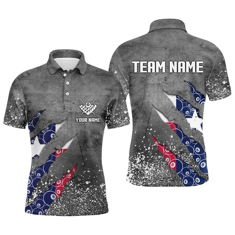 Billiard Polo Shirts, Custom Ball 8 Texas Flag Grey Grunge Billiard Polo & 14 Zip Shirt Best Billiard Team Jersey, Billiards Team Shirts