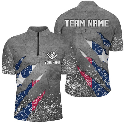 Billiard Polo Shirts, Custom Ball 8 Texas Flag Grey Grunge Billiard Polo & 14 Zip Shirt Best Billiard Team Jersey, Billiards Team Shirts