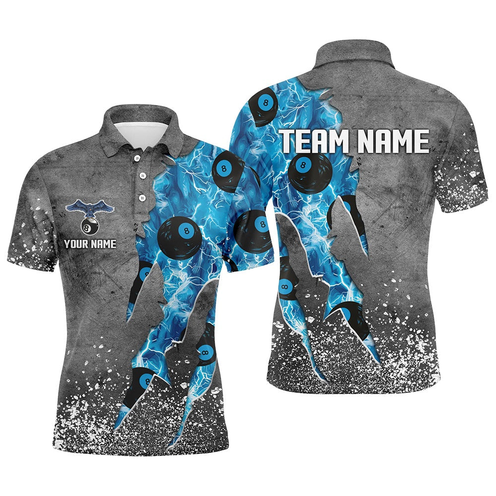 Billiard Polo Shirts, Custom Ball 8 Thunder Lighting Grunge Billiard Shirts Best Billiard Team Jerseyâ Blue, Billiards Team Shirts