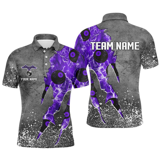 Billiard Polo Shirts, Custom Ball 8 Thunder Lighting Grunge Billiard Shirts Best Billiard Team Jerseyâ Purple, Billiards Team Shirts