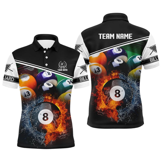 Billiard Polo Shirts, Custom Billiard 8 Ball In Fire And Water 3D Black Polo Shirts, Gifts For Billiard Player, Billiards Team Shirts