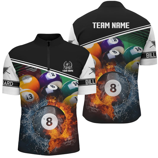 Billiard Polo Shirts, Custom Billiard 8 Ball Water Fire 3D Black Polo Shirt, Gift For Billiard Player, Billiards Team Shirts
