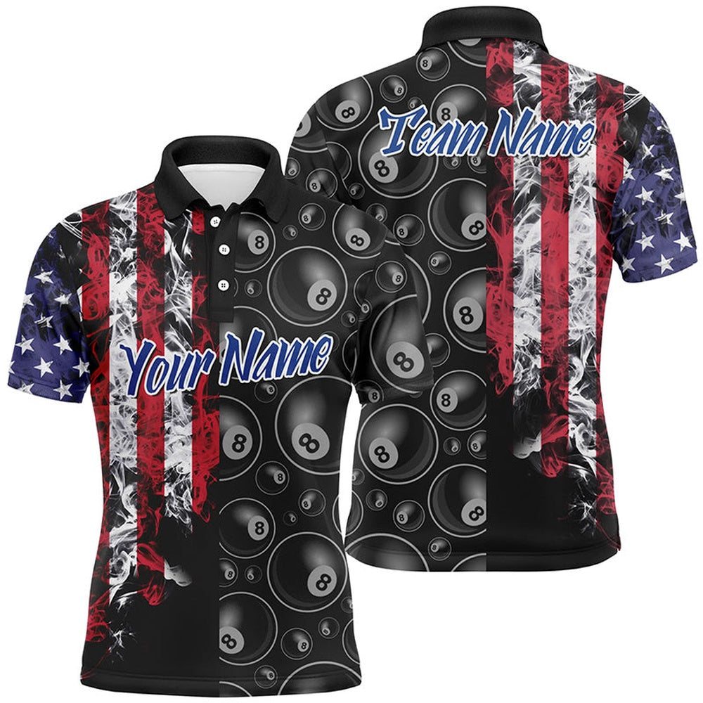 Billiard Polo Shirts, Custom Black Red 3D Pattern Billiard 8 Ball USA Flag Polo Shirts Best Patriotic Gifts, Billiards Team Shirts