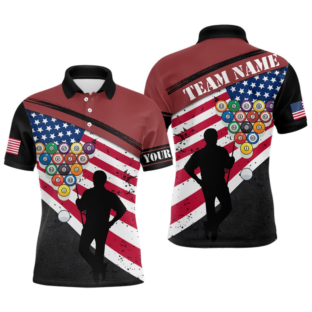 Billiard Polo Shirts, Custom Black Red American Flag Billiard 3D Printed Polo Shirts Custom Pool Player Shirts, Billiards Team Shirts