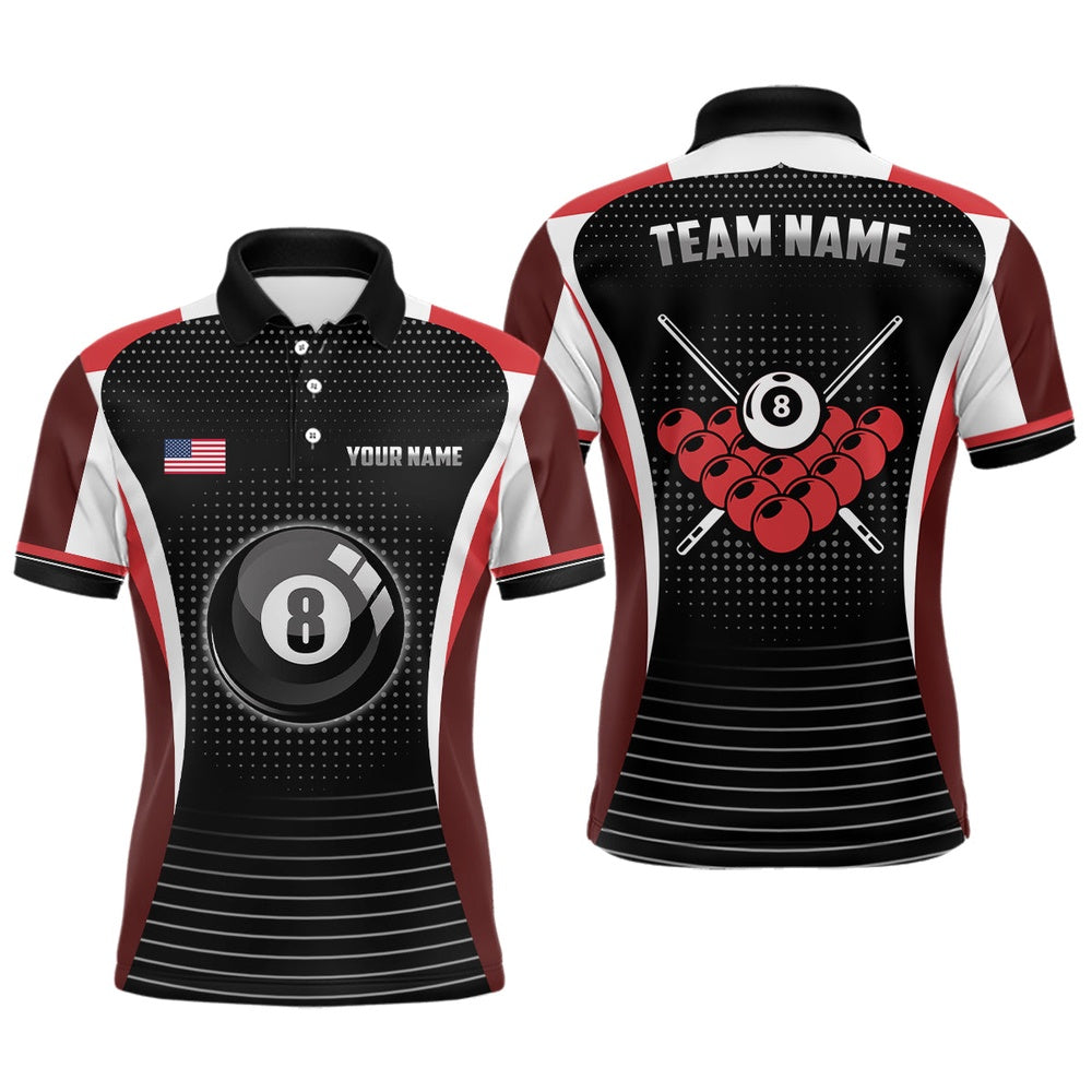 Billiard Polo Shirts, Custom Black Red Billiard Jerseys Shirts Personalized Name 8 Ball Pool Polo Shirts, Billiards Team Shirts