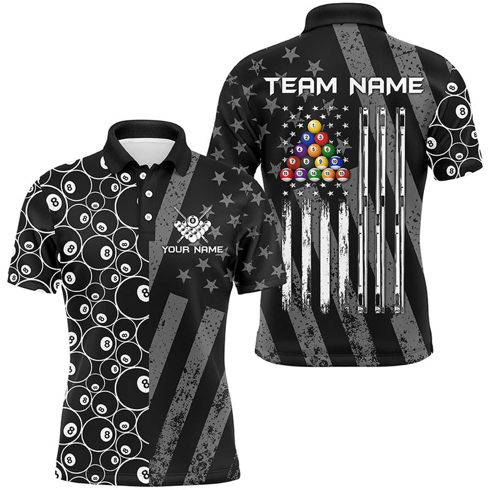 Billiard Polo Shirts, Custom Black Retro US Flag Billiard Polo & Polo Shirts, Patriotic Pool Player Shirts, Billiards Team Shirts