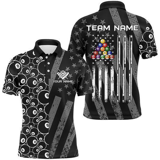 Billiard Polo Shirts, Custom Black Retro US Flag Billiard Polo & Polo Shirts, Patriotic Pool Player Shirts, Billiards Team Shirts