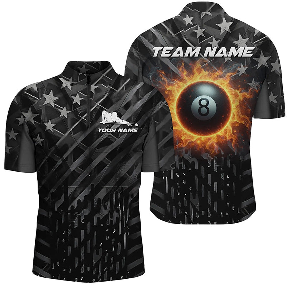 Billiard Polo Shirts, Custom Black Us Flag 8 Ball Fire Billiard Polo Shirt Patriotic Pool Team Jersey, Billiards Team Shirts