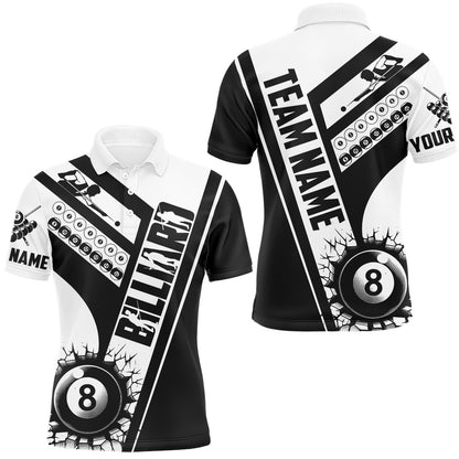 Billiard Polo Shirts, Custom Black White Cracky Billiard 8 Ball Pool Polo Shirts, Unique Pool Balls Shirts For Team, Billiards Team Shirts