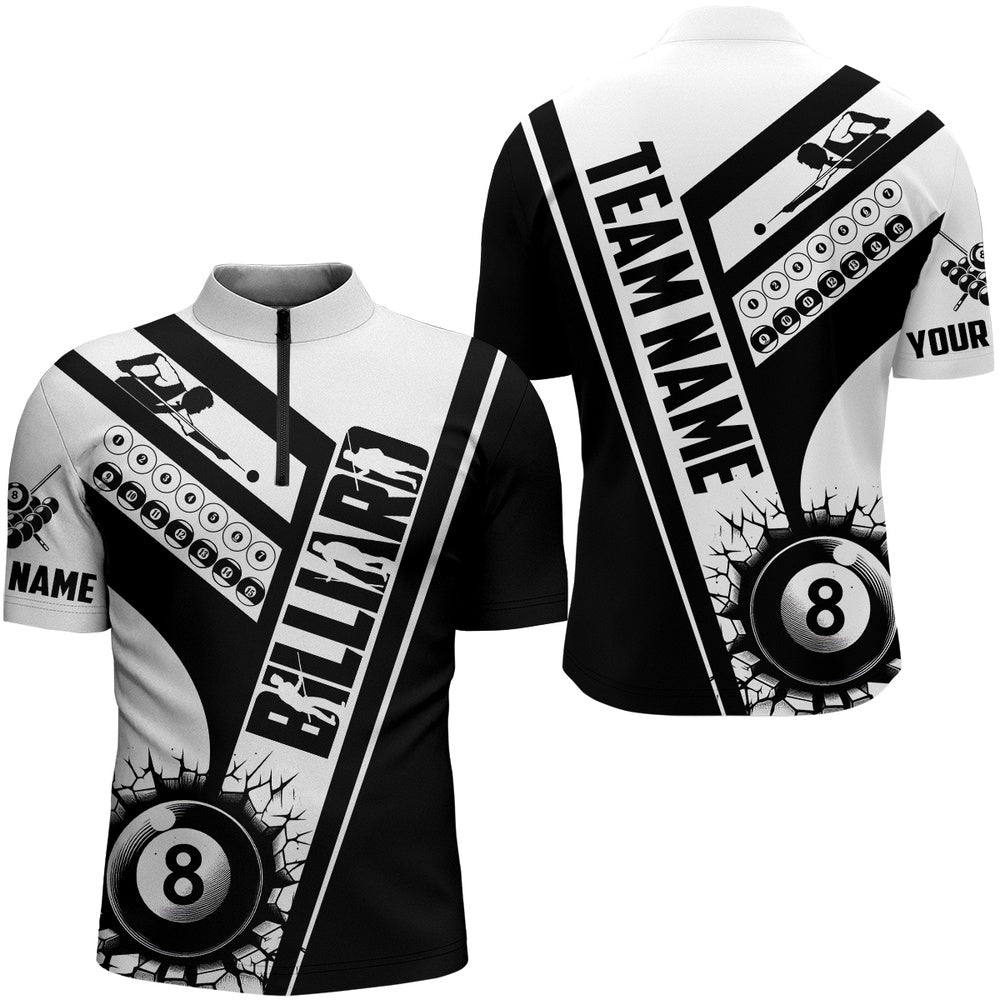 Billiard Polo Shirts, Custom Black White Cracky Billiard 8 Ball Pool Polo Shirts, Unique Pool Balls Shirts For Team, Billiards Team Shirts
