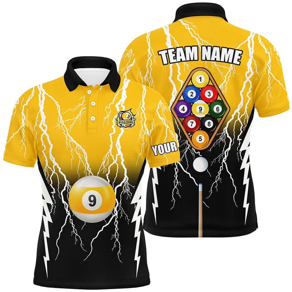 Billiard Polo Shirts, Custom Black Yellow 9 Ball Pool Thunder Billiard Polo Shirts Best Billiard Team Shirts, Billiards Team Shirts