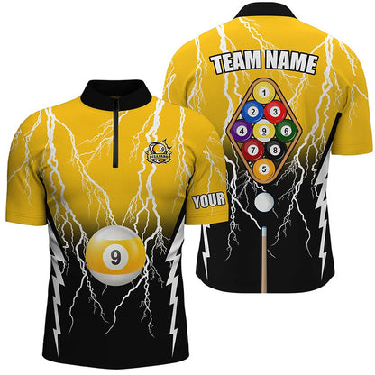 Billiard Polo Shirts, Custom Black Yellow 9 Ball Pool Thunder Billiard Polo Shirts Best Billiard Team Shirts, Billiards Team Shirts