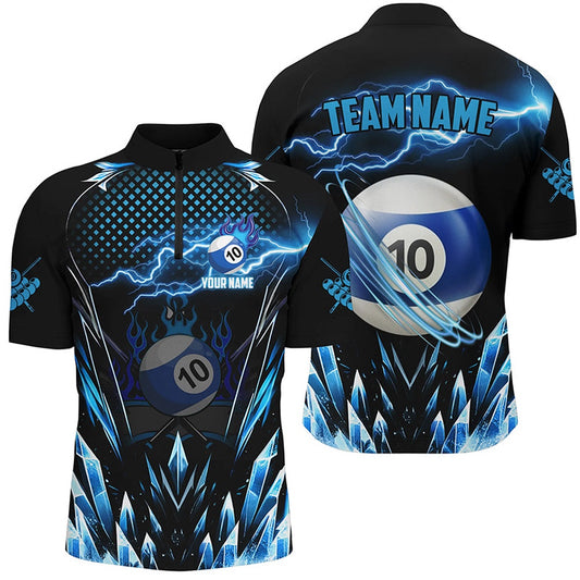 Billiard Polo Shirts, Custom Blue Icy Lightning 10 Ball Pool Polo Shirts, Billiard Team League Jersey, Billiards Team Shirts