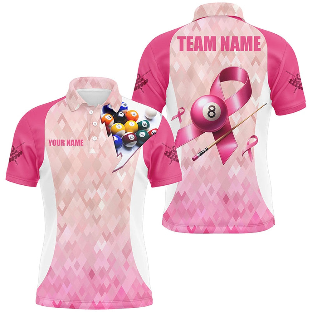 Billiard Polo Shirts, Custom Breast Cancer Pink Ribbon Billiard Shirts, Breast Cancer Awareness Billiard Jerseys, Billiards Team Shirts