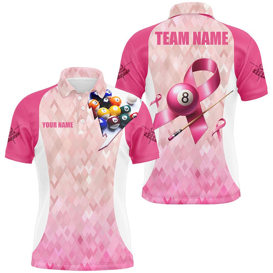 Billiard Polo Shirts, Custom Breast Cancer Pink Ribbon Billiard Shirts, Breast Cancer Awareness Billiard Jerseys, Billiards Team Shirts