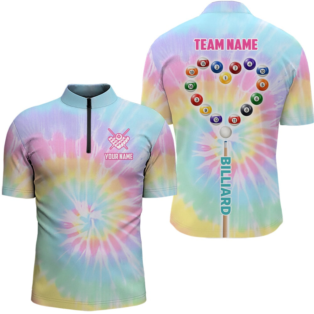 Billiard Polo Shirts, Custom Colorful Tie Dye Heart Billiard Polo Shirts, Unique Billiard Shirt Gifts, Billiards Team Shirts