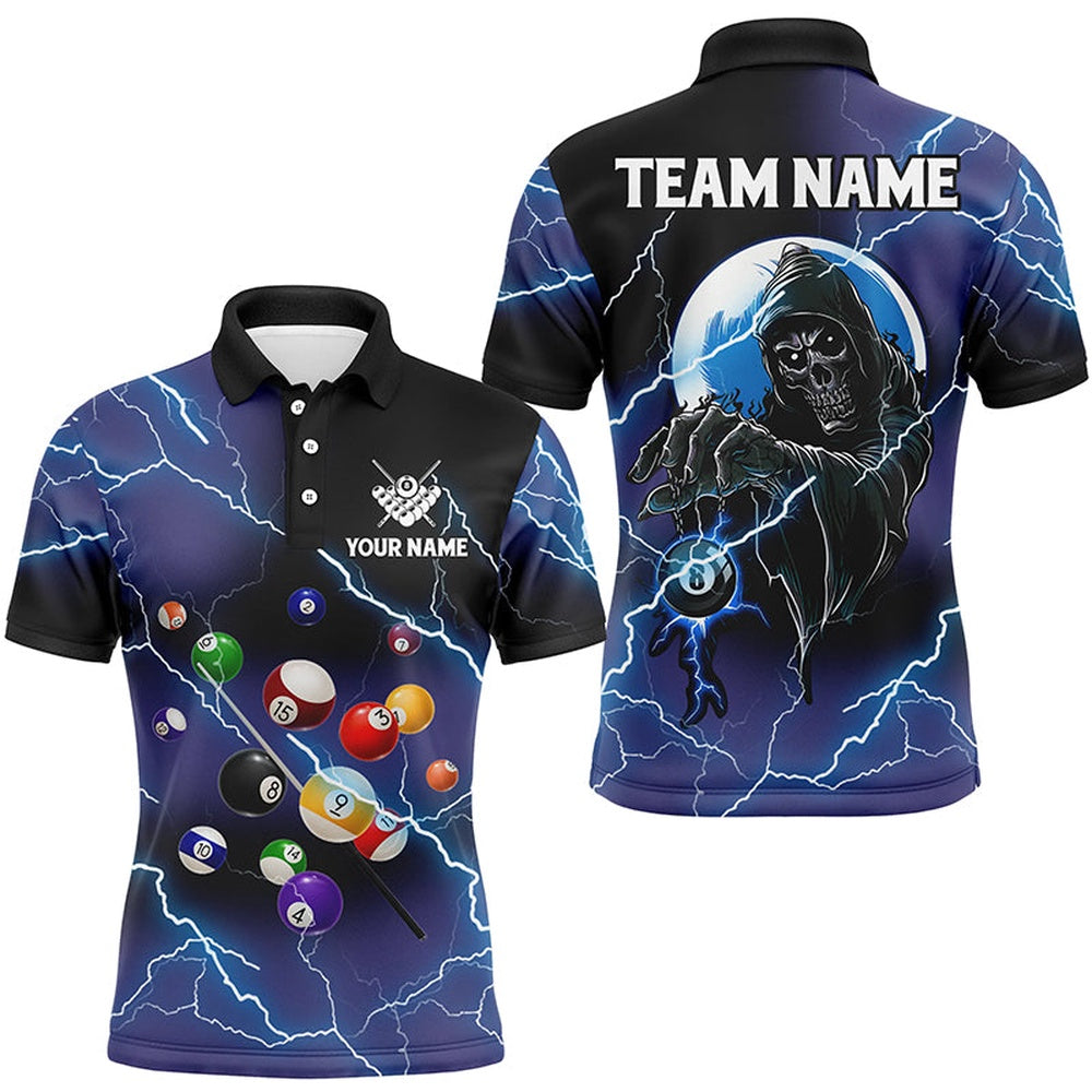 Billiard Polo Shirts, Custom Death Skull Billiard Balls Thunder Lightning 3D Shirts, Purple Billiard Team Jerseys, Billiards Team Shirts