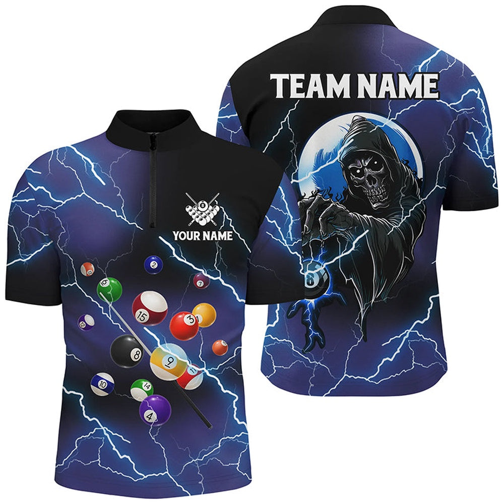 Billiard Polo Shirts, Custom Death Skull Billiard Balls Thunder Lightning 3D Shirts, Purple Billiard Team Jerseys, Billiards Team Shirts