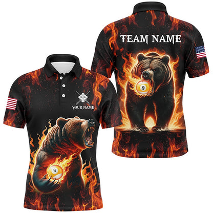 Billiard Polo Shirts, Custom Funny Bear & 9 Ball Pool Fire Flame Polo & Polo Shirts, Unique Billiard Attire, Billiards Team Shirts
