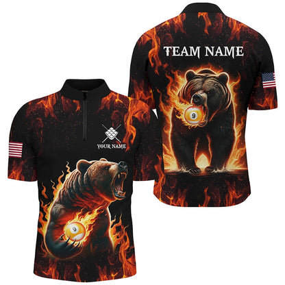 Billiard Polo Shirts, Custom Funny Bear & 9 Ball Pool Fire Flame Polo & Polo Shirts, Unique Billiard Attire, Billiards Team Shirts