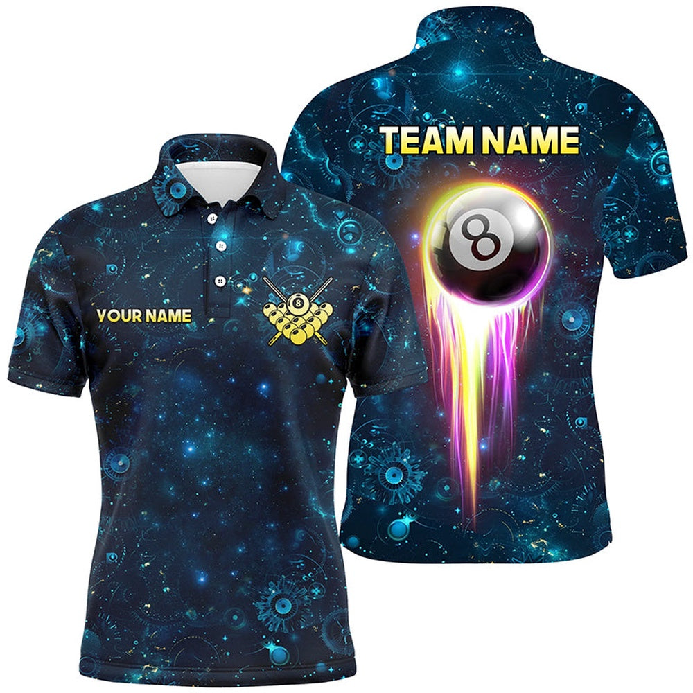 Billiard Polo Shirts, Custom Galaxy Blue Billiard Polo & Polo Shirts, Glowing 8 Ball Pool Billiard Attire, Billiards Team Shirts