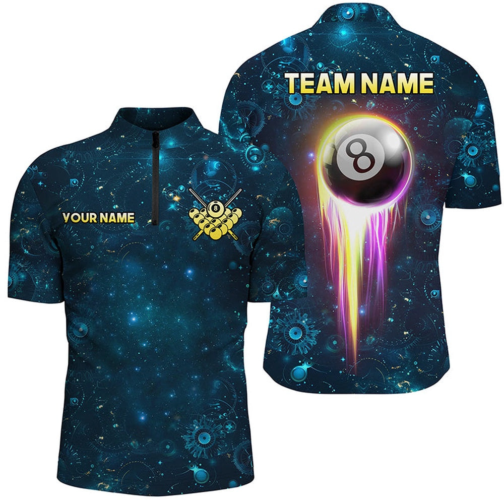 Billiard Polo Shirts, Custom Galaxy Blue Billiard Polo & Polo Shirts, Glowing 8 Ball Pool Billiard Attire, Billiards Team Shirts