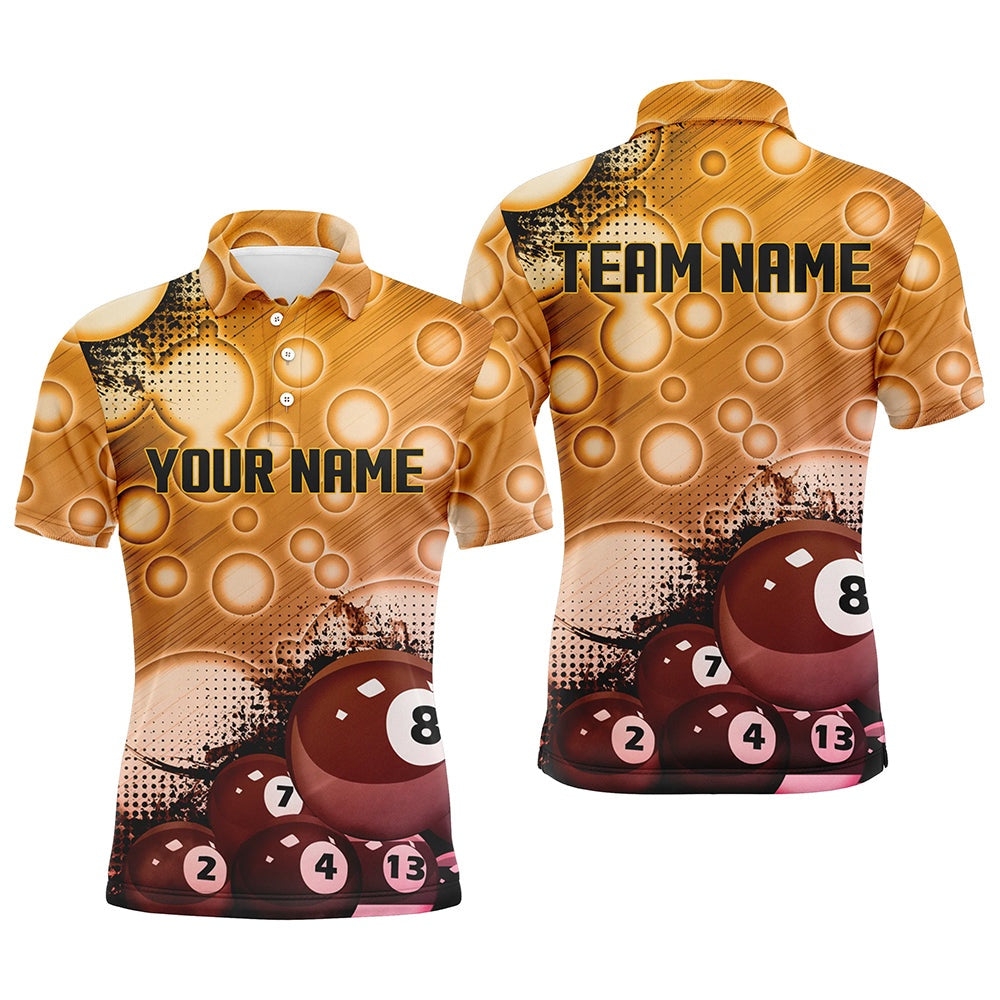 Billiard Polo Shirts, Custom Gold Billiard Balls 3D Pattern 'S Billiard Shirts Personalized 8 Ball Pool Polo Shirts, Billiards Team Shirts