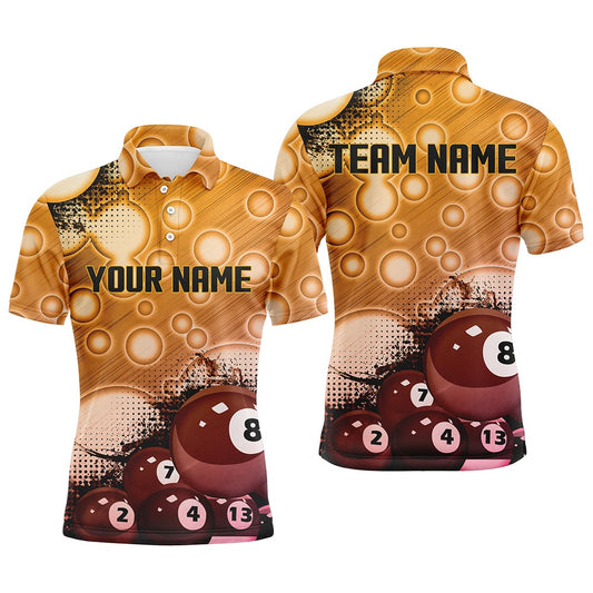 Billiard Polo Shirts, Custom Gold Billiard Balls 3D Pattern 'S Billiard Shirts Personalized 8 Ball Pool Polo Shirts, Billiards Team Shirts