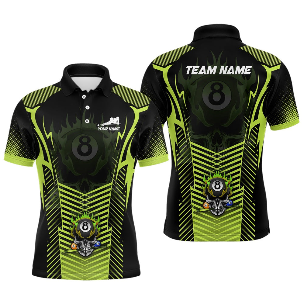 Billiard Polo Shirts, Custom Green Neon Billiard Balls 3D Skull Polo Shirts, 8 Ball Pool Jerseys Shirts, Billiards Team Shirts