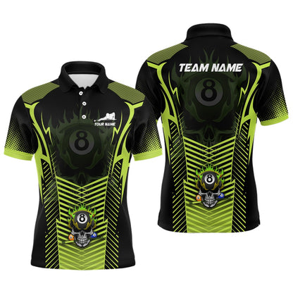 Billiard Polo Shirts, Custom Green Neon Billiard Balls 3D Skull Polo Shirts, 8 Ball Pool Jerseys Shirts, Billiards Team Shirts