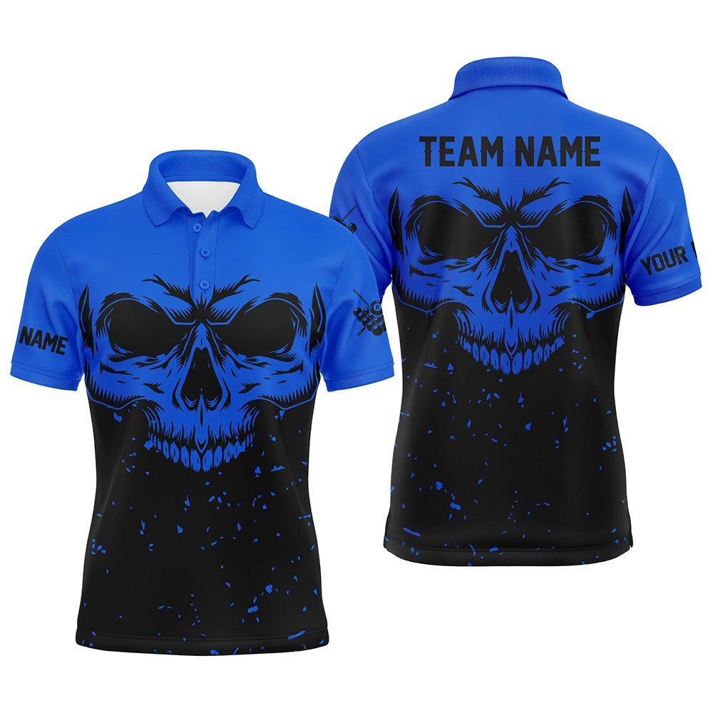 Billiard Polo Shirts, Custom Grunge Black Blue Skull Billiard Polo Shirts, 8 Ball Billiards Apparel Clothing, Billiards Team Shirts