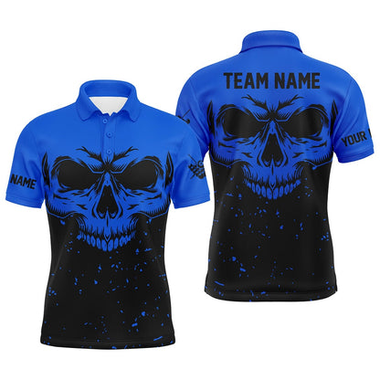 Billiard Polo Shirts, Custom Grunge Black Blue Skull Billiard Polo Shirts, 8 Ball Billiards Apparel Clothing, Billiards Team Shirts
