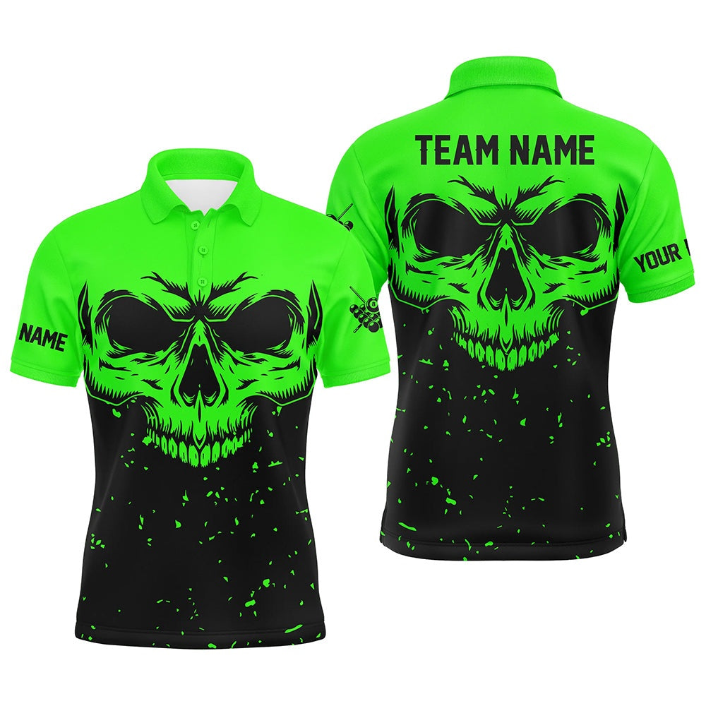 Billiard Polo Shirts, Custom Grunge Black Green Skull Billiard Polo Shirts, 8 Ball Billiards Apparel Clothing, Billiards Team Shirts