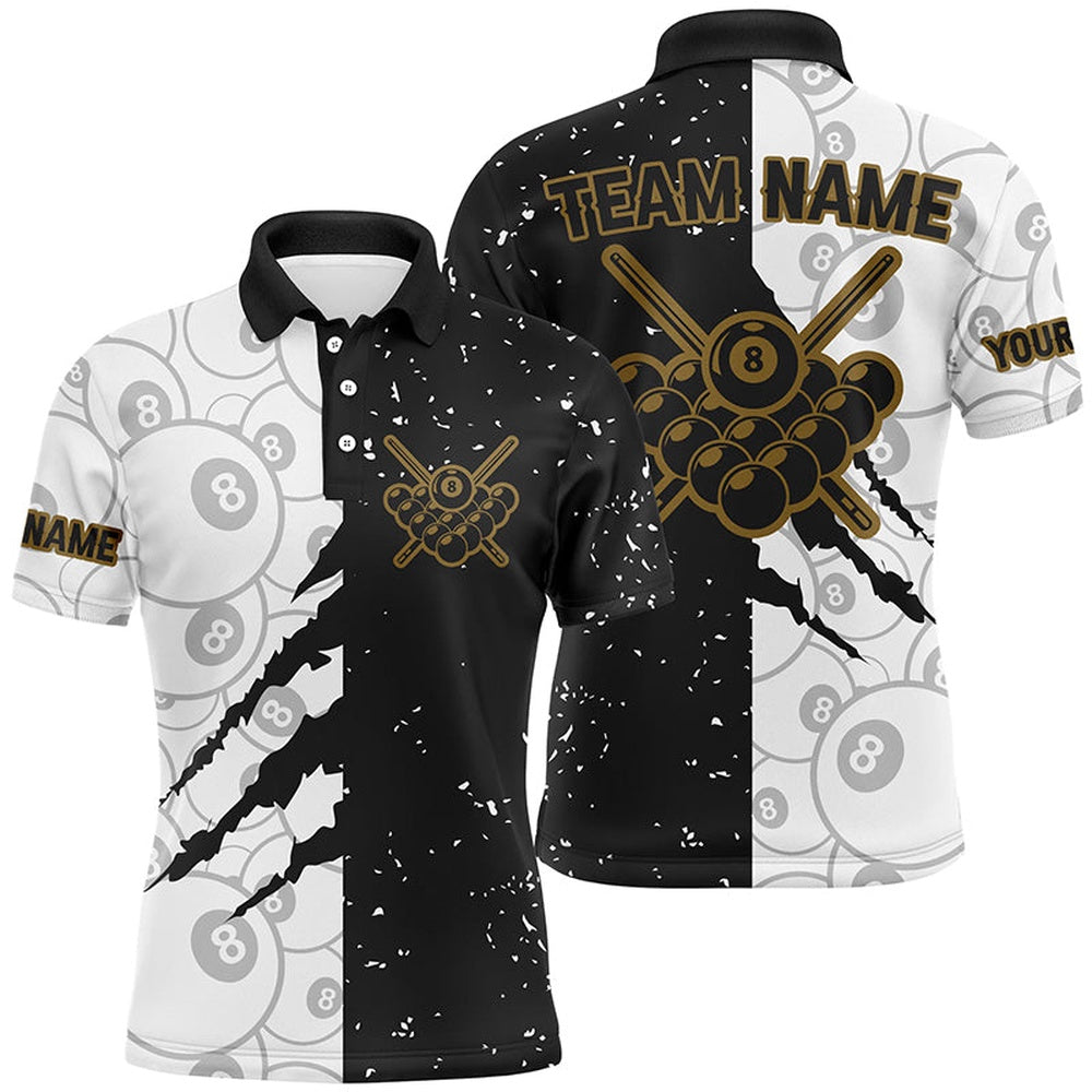 Billiard Polo Shirts, Custom Grunge Black White 8 Ball Pool Billiard Polo Shirts, 8 Ball Billiard Apparel Clothing, Billiards Team Shirts