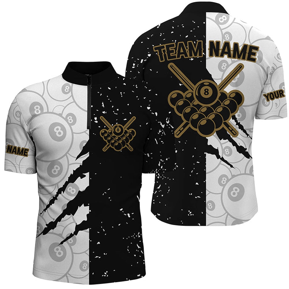 Billiard Polo Shirts, Custom Grunge Black White 8 Ball Pool Billiard Polo Shirts, 8 Ball Billiard Apparel Clothing, Billiards Team Shirts