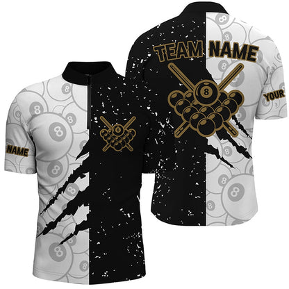 Billiard Polo Shirts, Custom Grunge Black White 8 Ball Pool Billiard Polo Shirts, 8 Ball Billiard Apparel Clothing, Billiards Team Shirts