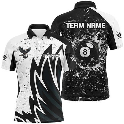 Billiard Polo Shirts, Custom Grunge Black White 8 Ball Pool In Water Billiard Shirts Custom Unique Billiard Jersey, Billiards Team Shirts