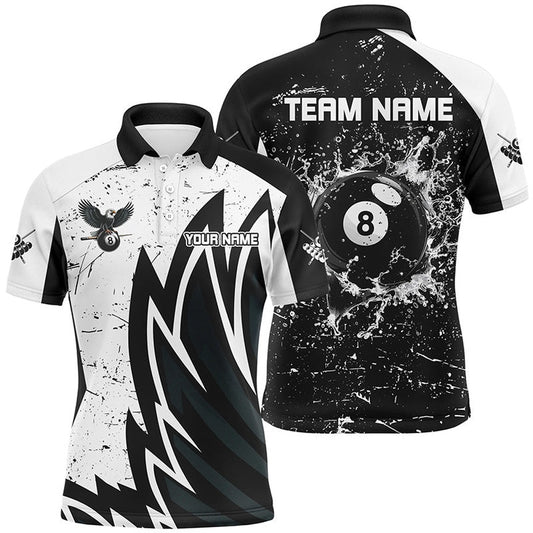 Billiard Polo Shirts, Custom Grunge Black White 8 Ball Pool In Water Billiard Shirts Custom Unique Billiard Jersey, Billiards Team Shirts