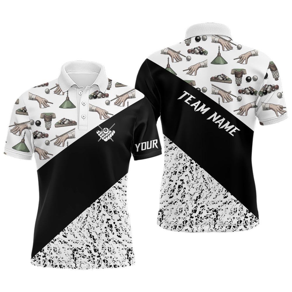 Billiard Polo Shirts, Custom Grunge Black White Full Printing Billiard Polo Shirts, Best Billiard Shirts Design, Billiards Team Shirts