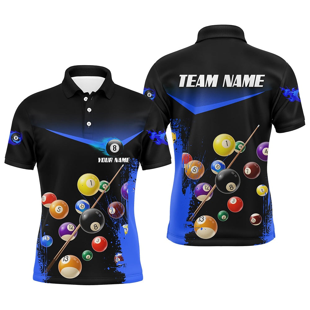 Billiard Polo Shirts, Custom Grunge Blue 8 Ball Pool Polo Shirts Personalized Name 3D Billiard Shirts For Pooler, Billiards Team Shirts